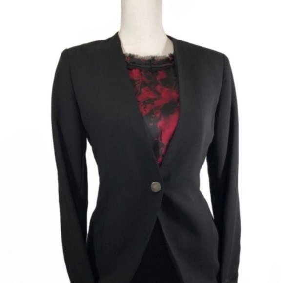 Dana Buchman Black Floral Watercolor Ruffle Beaded Neckline Work Blouse Tank Top - Picture 4 of 7